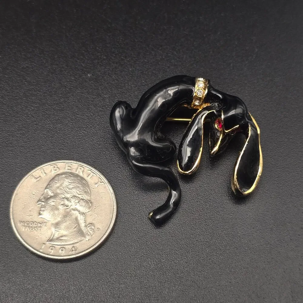 Black Enamel Hound Dog Brooch Rhinestone Accents Vintage Animal Jewelry